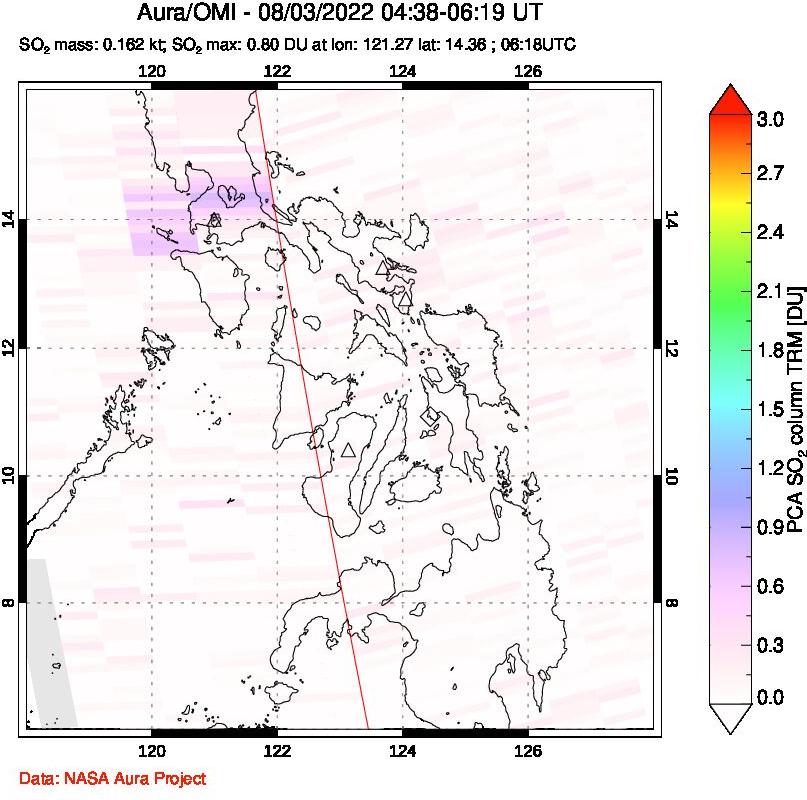 A sulfur dioxide image over Philippines on Aug 03, 2022.
