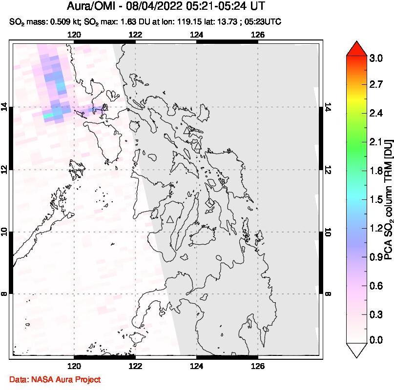 A sulfur dioxide image over Philippines on Aug 04, 2022.
