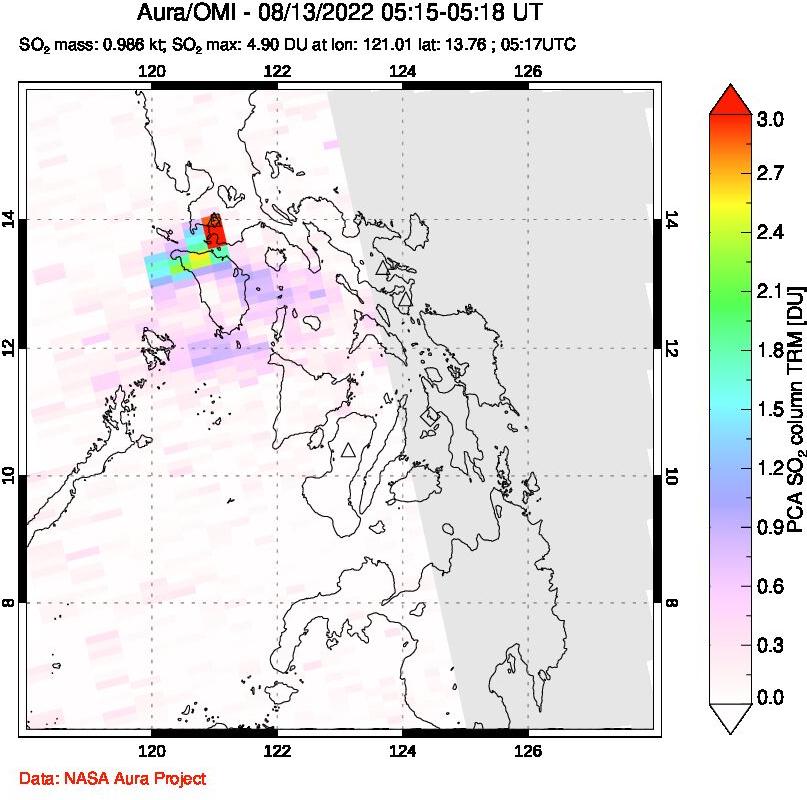 A sulfur dioxide image over Philippines on Aug 13, 2022.