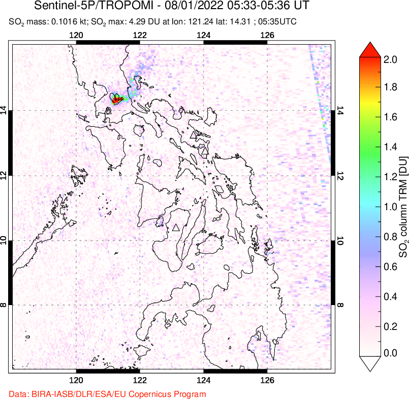 A sulfur dioxide image over Philippines on Aug 01, 2022.
