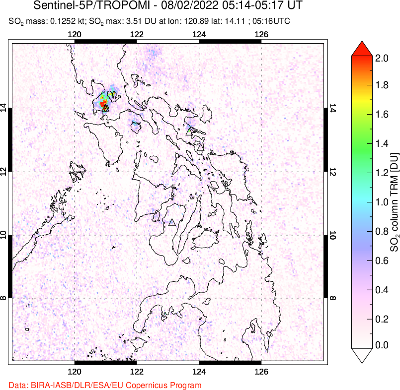 A sulfur dioxide image over Philippines on Aug 02, 2022.