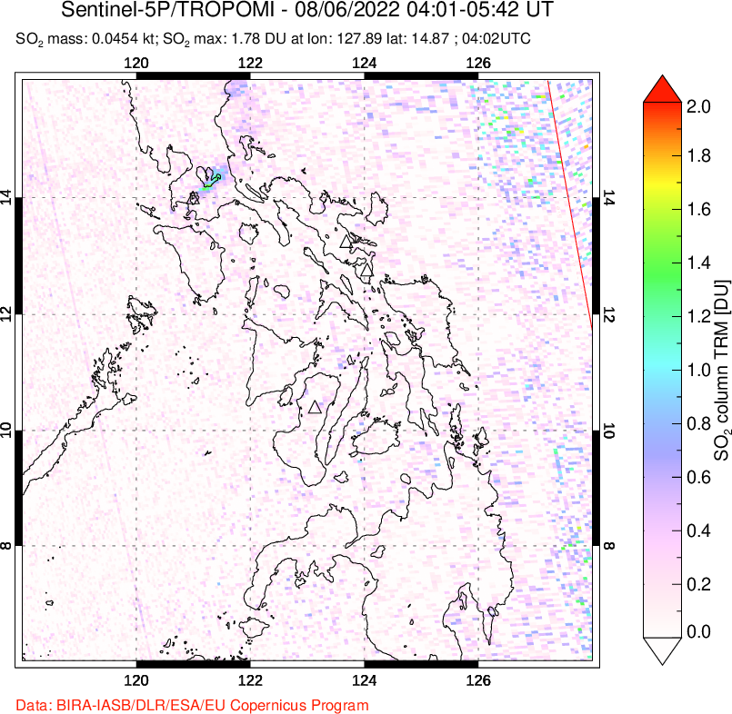 A sulfur dioxide image over Philippines on Aug 06, 2022.