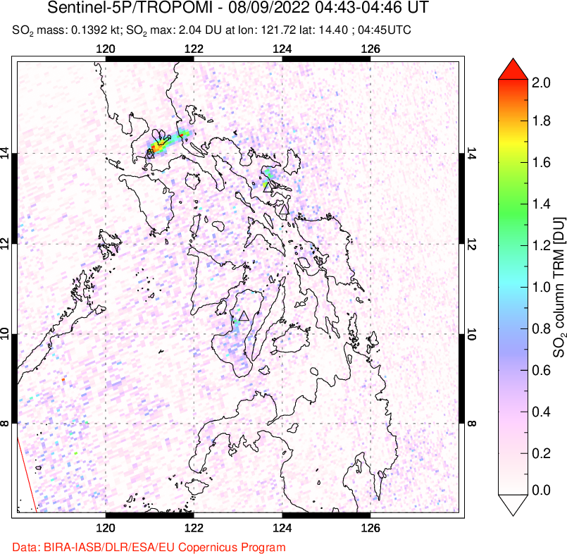 A sulfur dioxide image over Philippines on Aug 09, 2022.