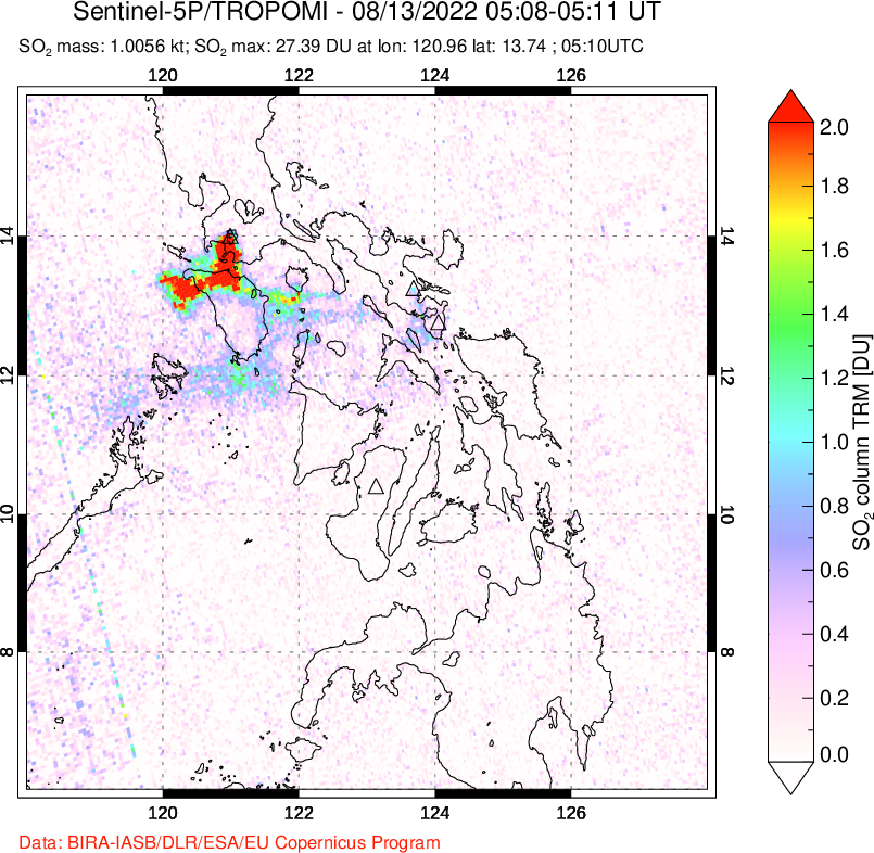 A sulfur dioxide image over Philippines on Aug 13, 2022.