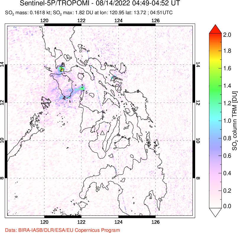 A sulfur dioxide image over Philippines on Aug 14, 2022.