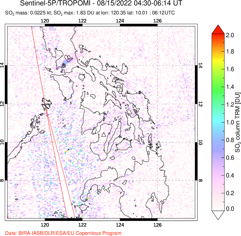 A sulfur dioxide image over Philippines on Aug 15, 2022.