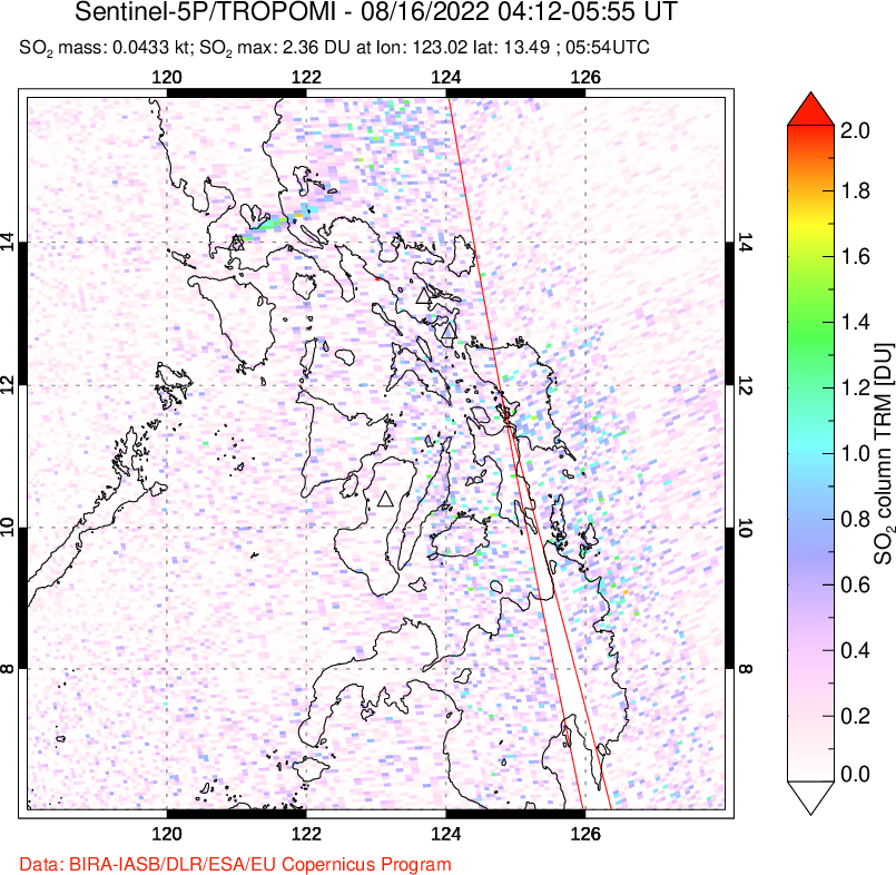 A sulfur dioxide image over Philippines on Aug 16, 2022.