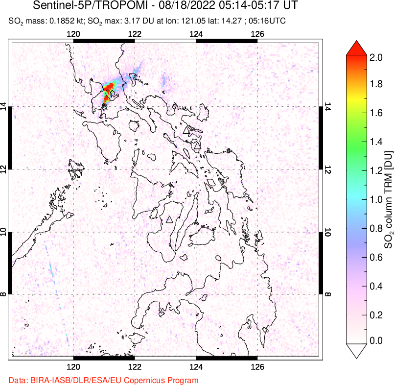 A sulfur dioxide image over Philippines on Aug 18, 2022.