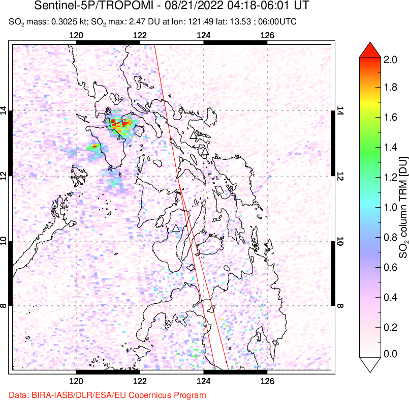 A sulfur dioxide image over Philippines on Aug 21, 2022.