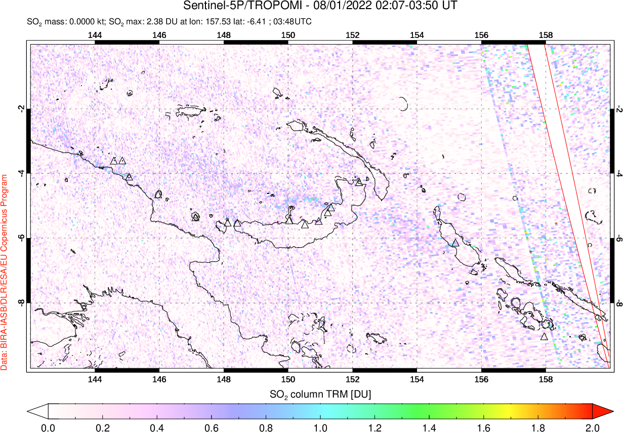 A sulfur dioxide image over Papua, New Guinea on Aug 01, 2022.