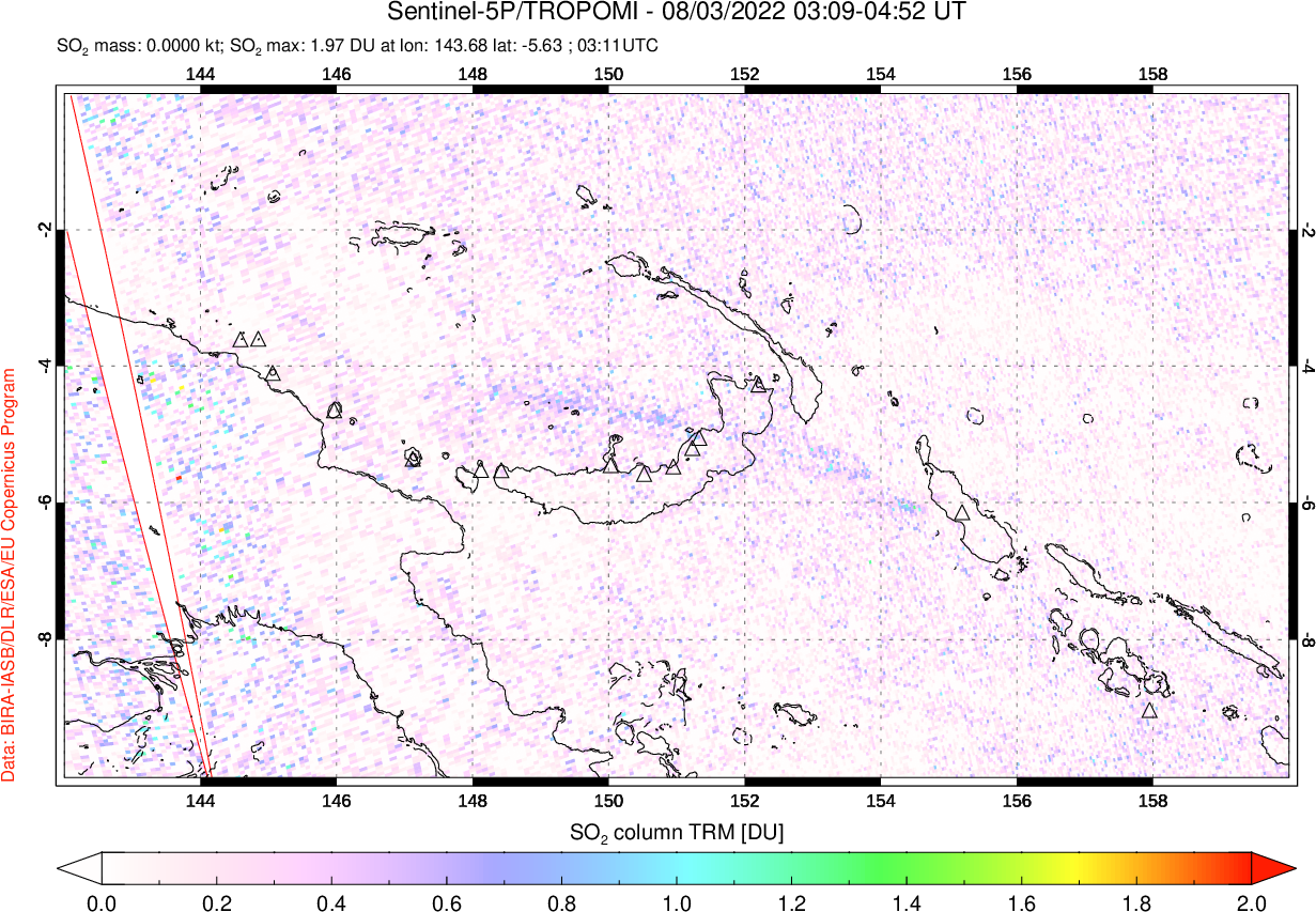A sulfur dioxide image over Papua, New Guinea on Aug 03, 2022.