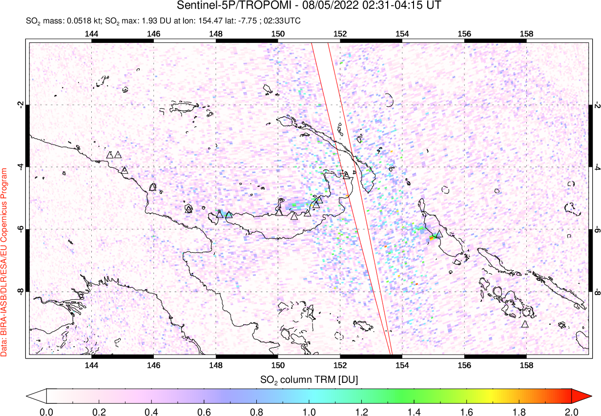 A sulfur dioxide image over Papua, New Guinea on Aug 05, 2022.