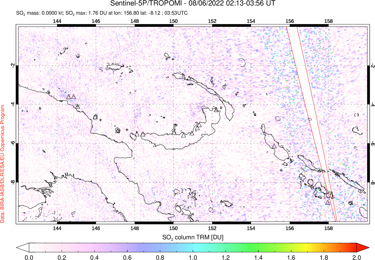 A sulfur dioxide image over Papua, New Guinea on Aug 06, 2022.