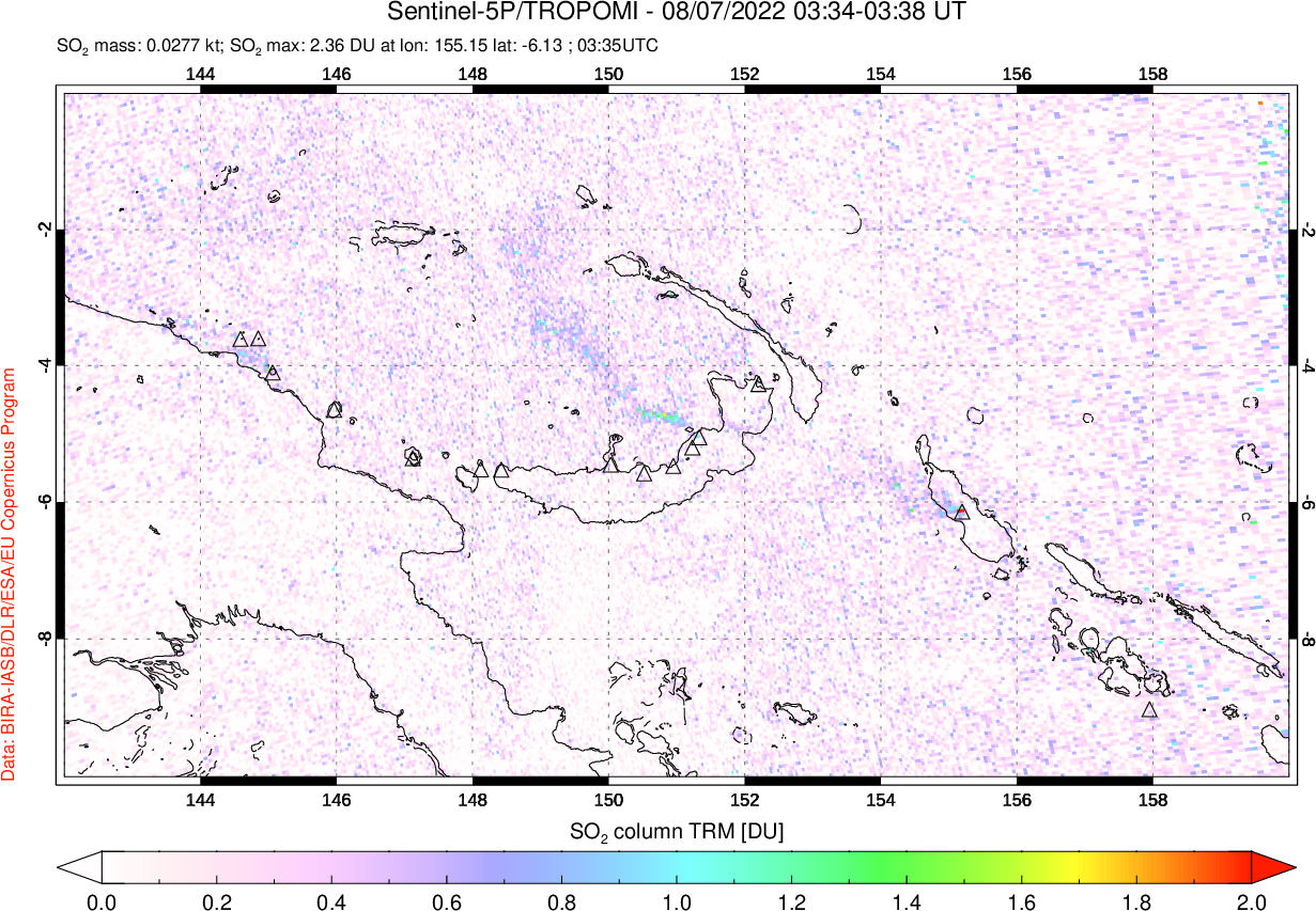 A sulfur dioxide image over Papua, New Guinea on Aug 07, 2022.