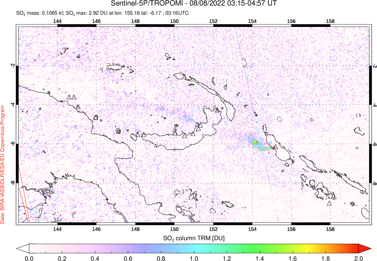 A sulfur dioxide image over Papua, New Guinea on Aug 08, 2022.