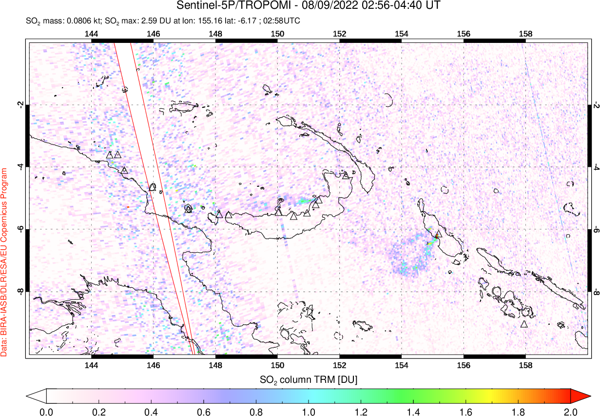 A sulfur dioxide image over Papua, New Guinea on Aug 09, 2022.