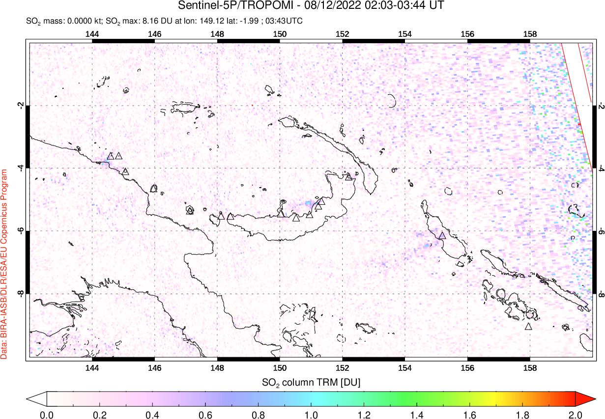 A sulfur dioxide image over Papua, New Guinea on Aug 12, 2022.