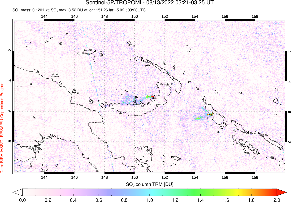 A sulfur dioxide image over Papua, New Guinea on Aug 13, 2022.