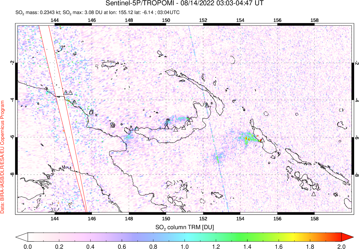 A sulfur dioxide image over Papua, New Guinea on Aug 14, 2022.