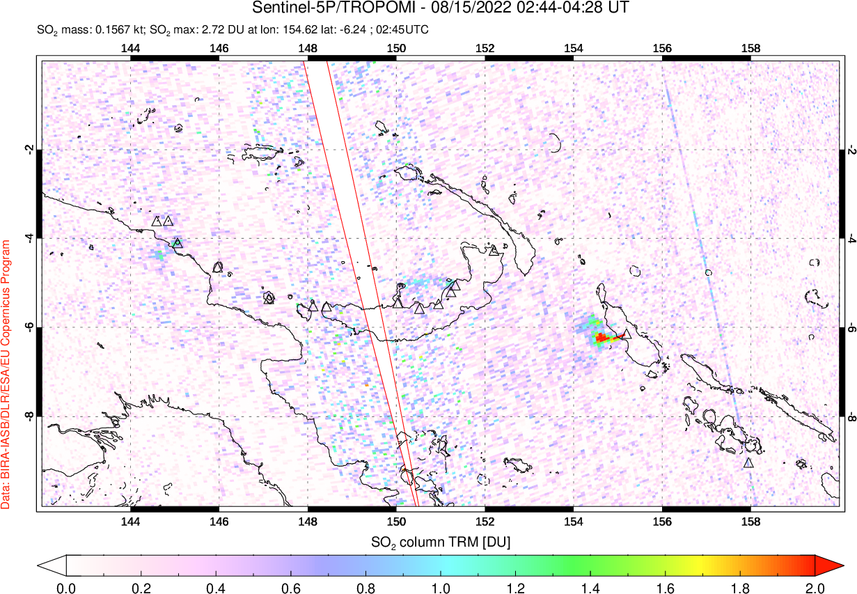 A sulfur dioxide image over Papua, New Guinea on Aug 15, 2022.