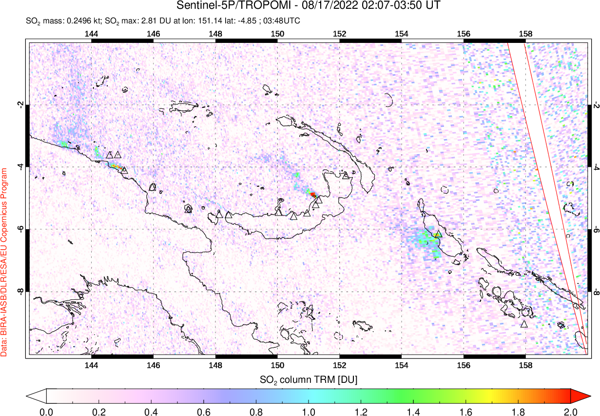 A sulfur dioxide image over Papua, New Guinea on Aug 17, 2022.