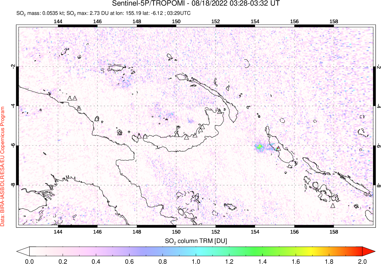 A sulfur dioxide image over Papua, New Guinea on Aug 18, 2022.