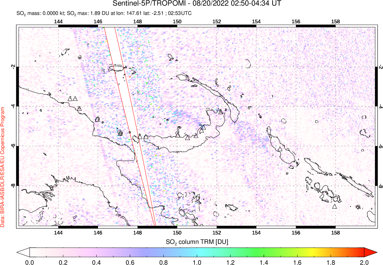 A sulfur dioxide image over Papua, New Guinea on Aug 20, 2022.
