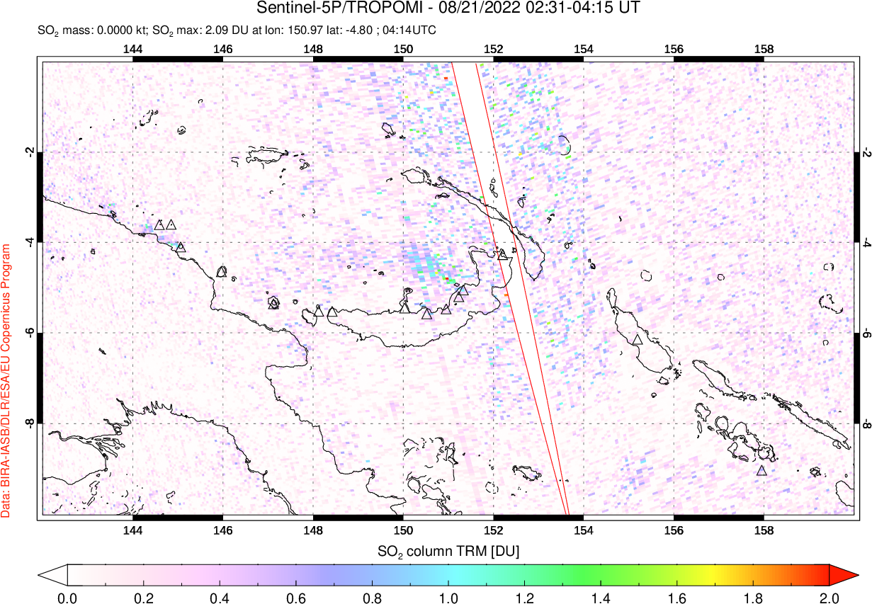 A sulfur dioxide image over Papua, New Guinea on Aug 21, 2022.