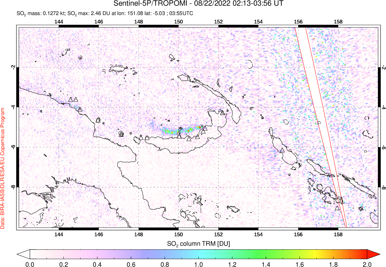 A sulfur dioxide image over Papua, New Guinea on Aug 22, 2022.