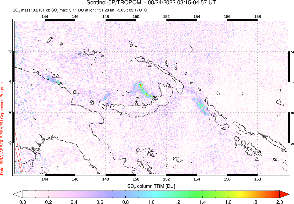 A sulfur dioxide image over Papua, New Guinea on Aug 24, 2022.