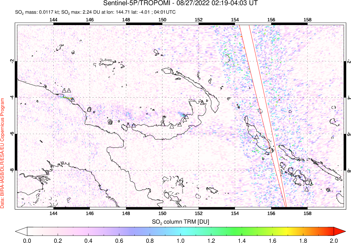 A sulfur dioxide image over Papua, New Guinea on Aug 27, 2022.