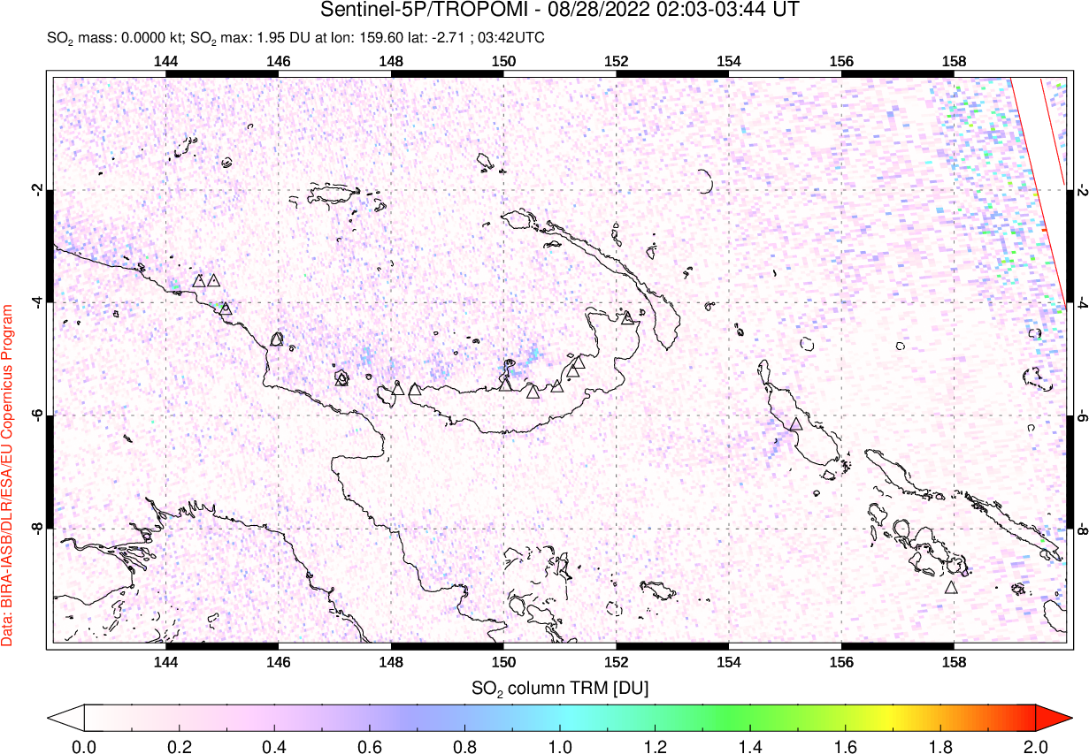 A sulfur dioxide image over Papua, New Guinea on Aug 28, 2022.