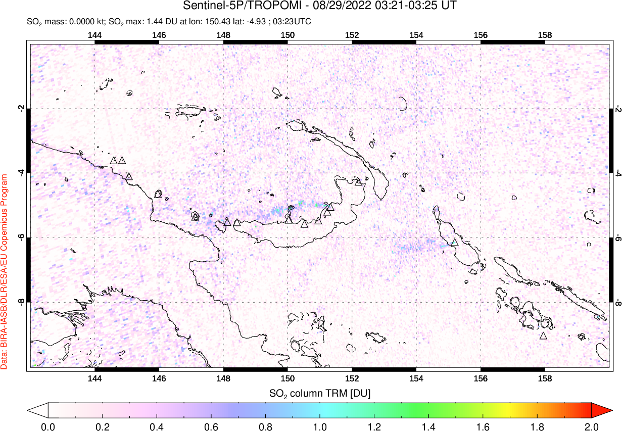 A sulfur dioxide image over Papua, New Guinea on Aug 29, 2022.