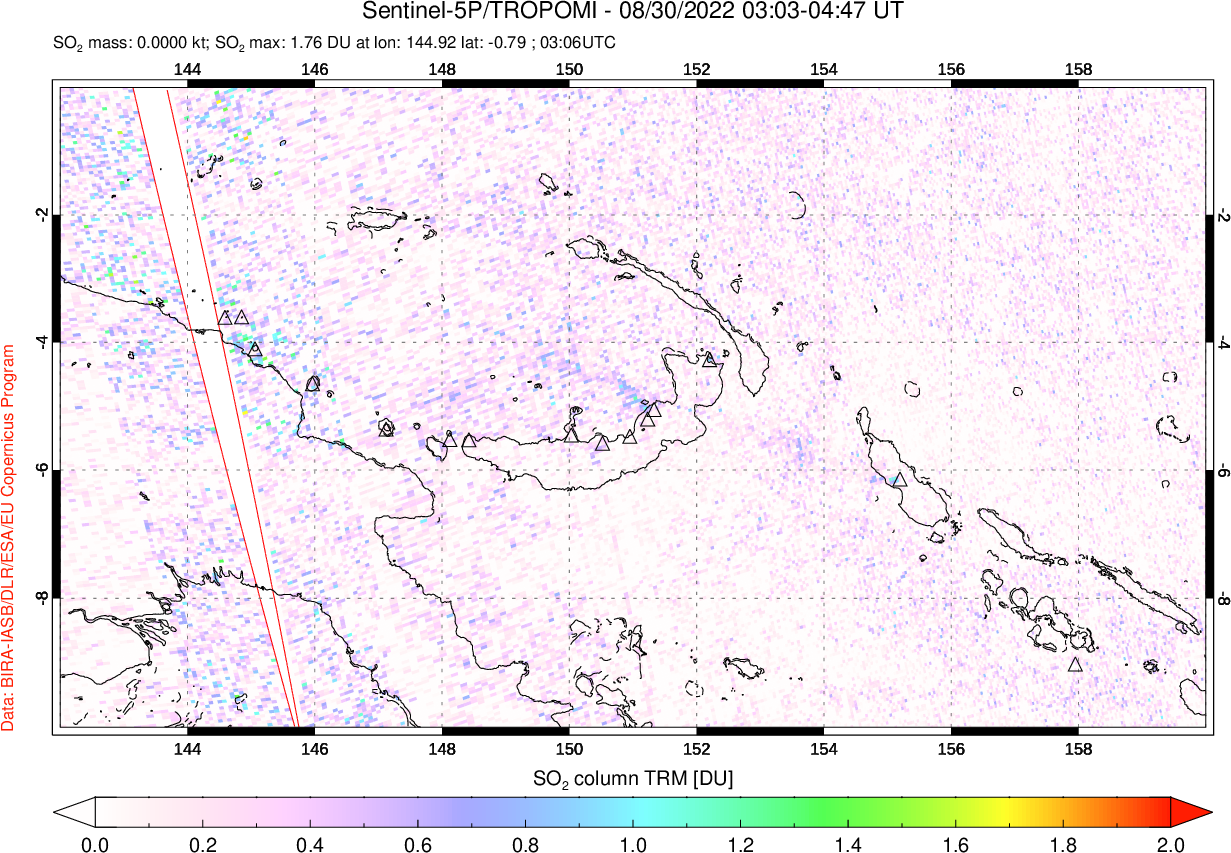 A sulfur dioxide image over Papua, New Guinea on Aug 30, 2022.