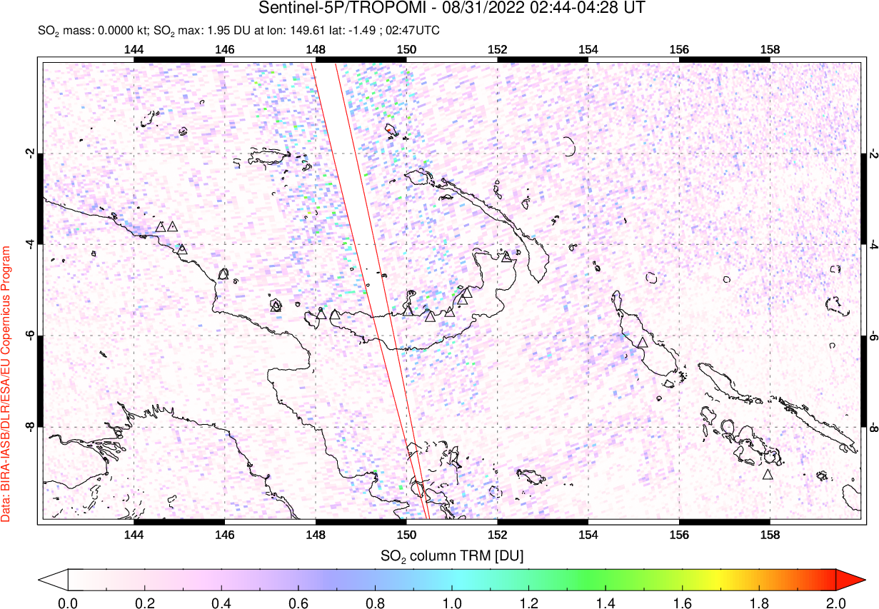 A sulfur dioxide image over Papua, New Guinea on Aug 31, 2022.