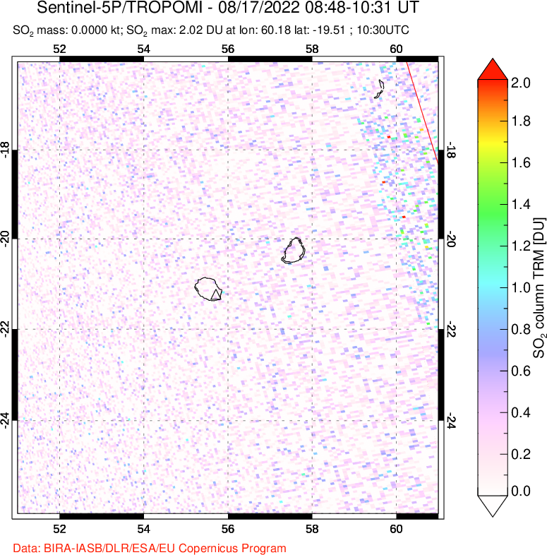 A sulfur dioxide image over Reunion Island, Indian Ocean on Aug 17, 2022.