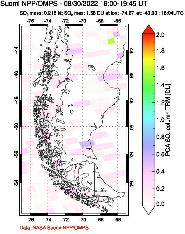 A sulfur dioxide image over Southern Chile on Aug 30, 2022.