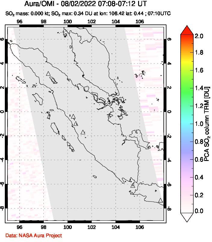 A sulfur dioxide image over Sumatra, Indonesia on Aug 02, 2022.