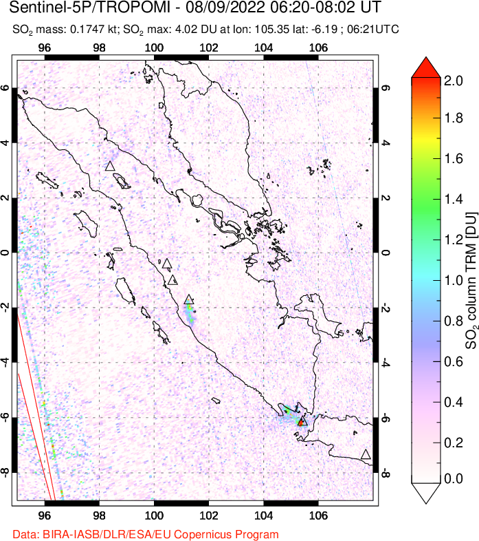 A sulfur dioxide image over Sumatra, Indonesia on Aug 09, 2022.