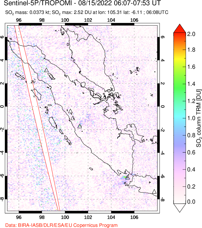 A sulfur dioxide image over Sumatra, Indonesia on Aug 15, 2022.