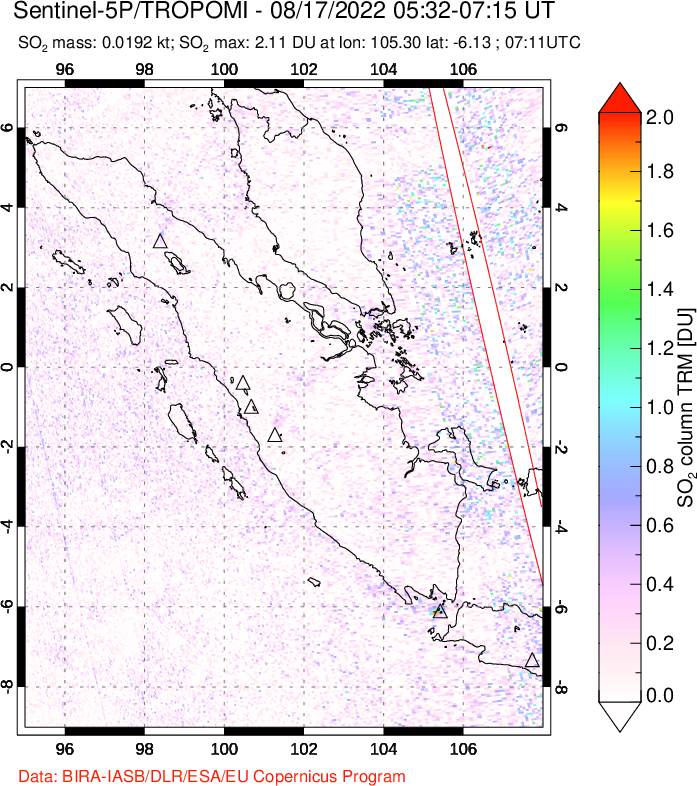 A sulfur dioxide image over Sumatra, Indonesia on Aug 17, 2022.