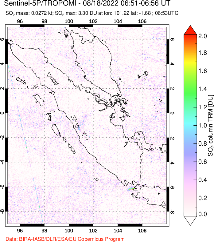A sulfur dioxide image over Sumatra, Indonesia on Aug 18, 2022.