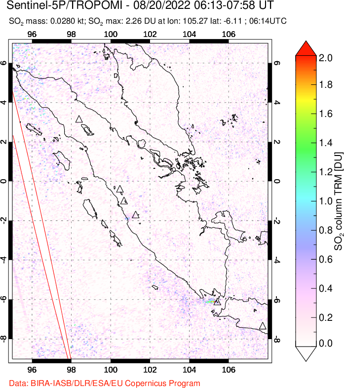 A sulfur dioxide image over Sumatra, Indonesia on Aug 20, 2022.