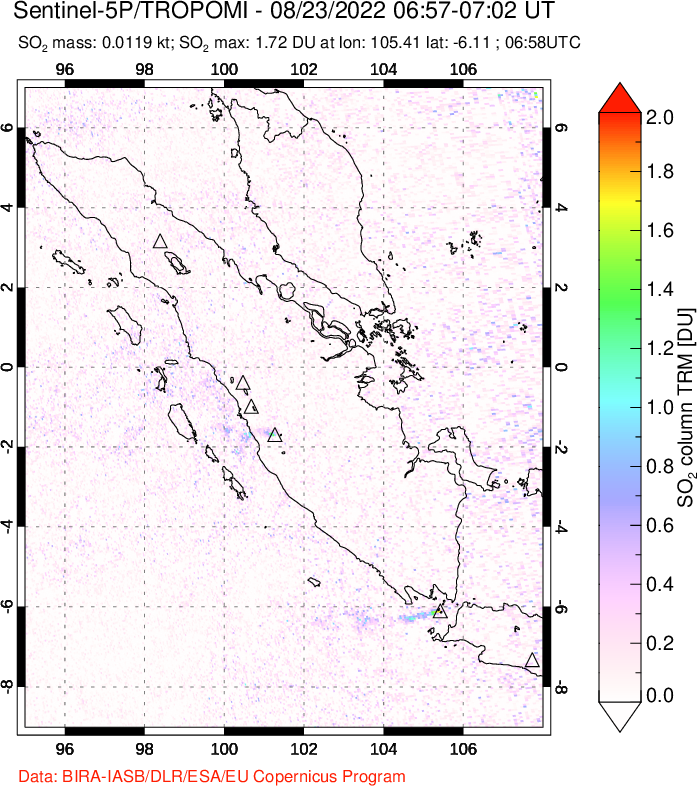 A sulfur dioxide image over Sumatra, Indonesia on Aug 23, 2022.