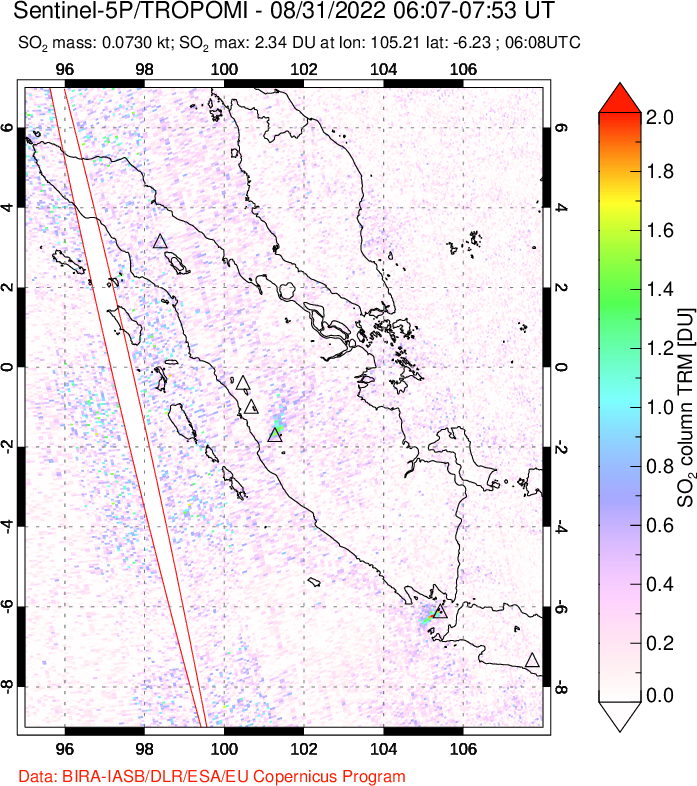 A sulfur dioxide image over Sumatra, Indonesia on Aug 31, 2022.