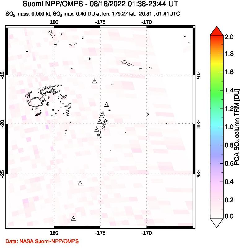 A sulfur dioxide image over Tonga, South Pacific on Aug 18, 2022.