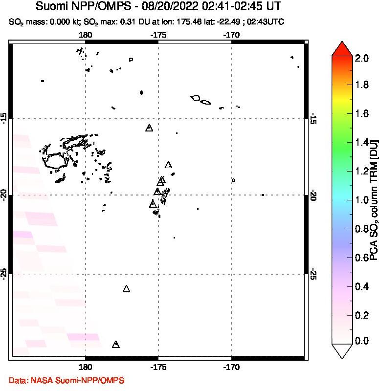 A sulfur dioxide image over Tonga, South Pacific on Aug 20, 2022.
