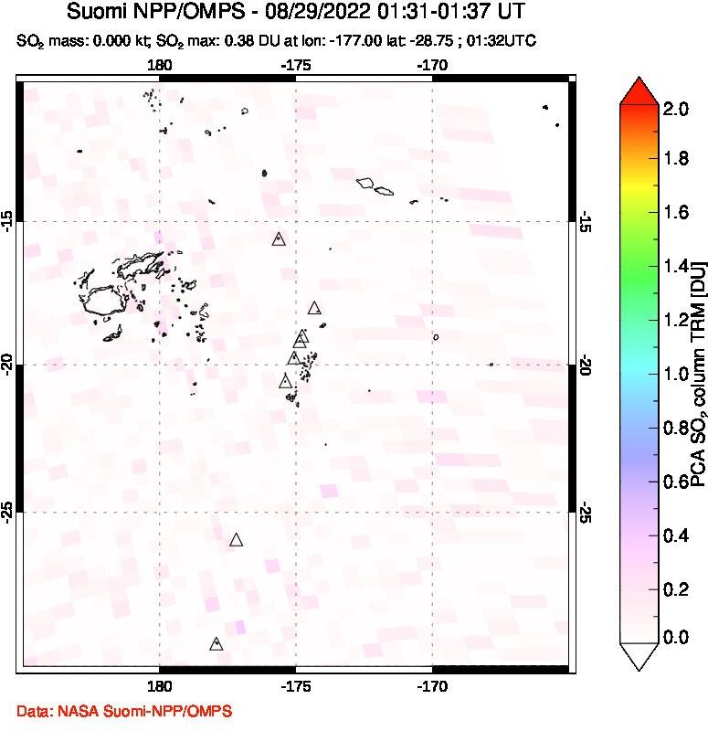 A sulfur dioxide image over Tonga, South Pacific on Aug 29, 2022.