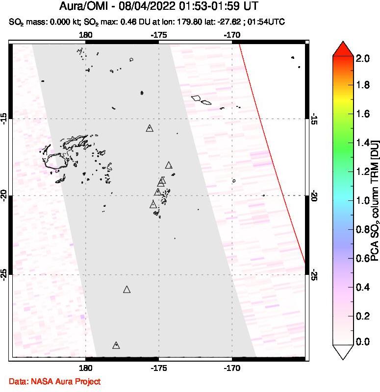 A sulfur dioxide image over Tonga, South Pacific on Aug 04, 2022.