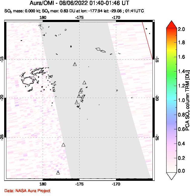 A sulfur dioxide image over Tonga, South Pacific on Aug 06, 2022.